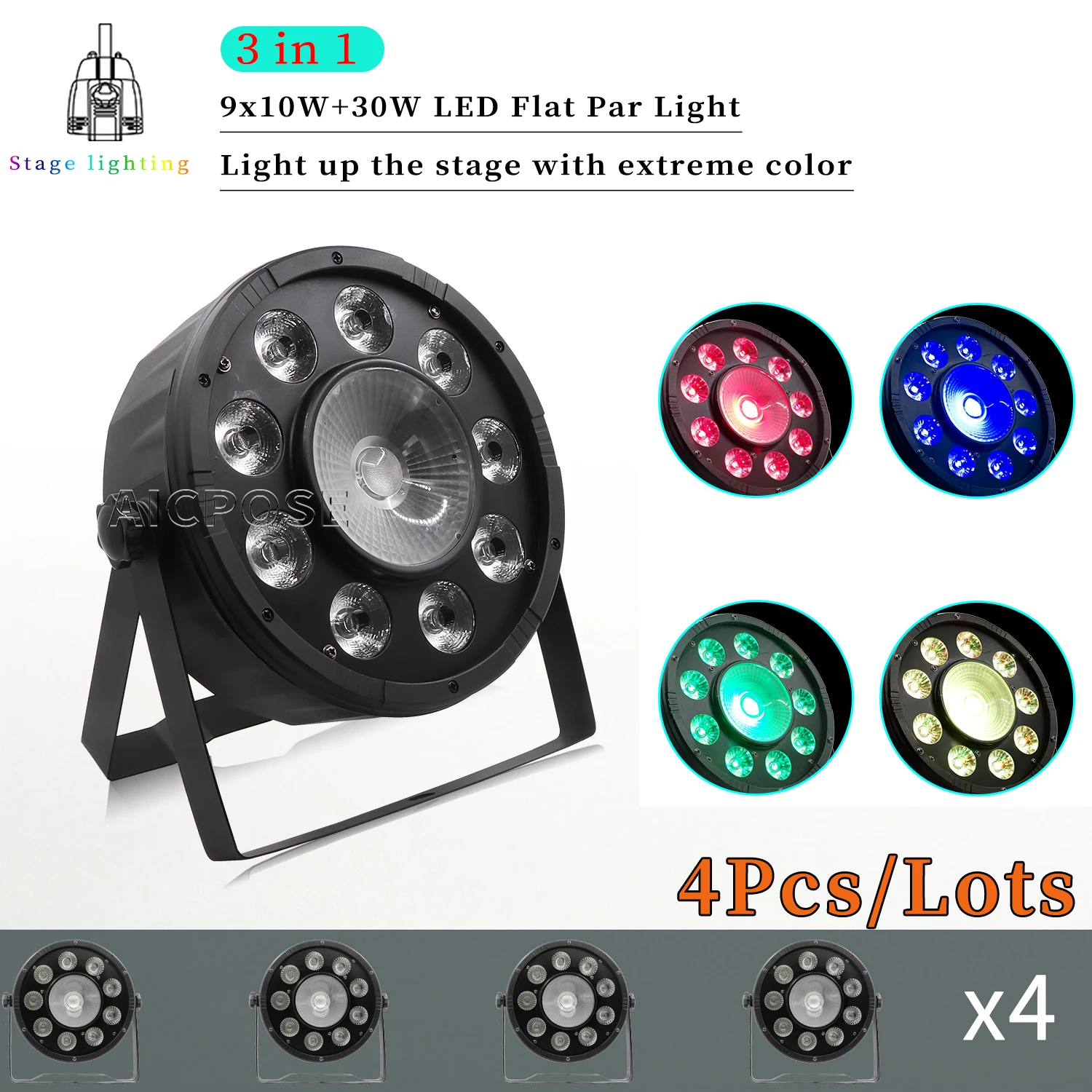 

4 шт./лот, 9x10 Вт + 30 Вт, фотоэлемент, RGB, 3 в 1, сценическое искусственное управление DMX для диджея, танцпол, дискотека, сценическое освещение