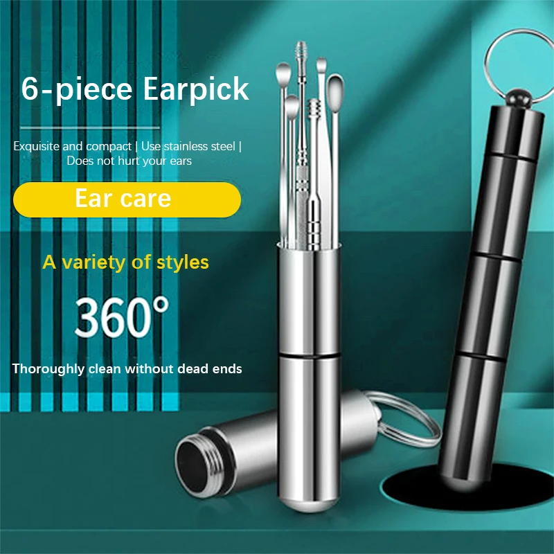 

Набор ушных палочек из нержавеющей стали, комплект из 6/7 предметов для очистки ушей, спиральный поворотный ушной палочка, портативный инстр...