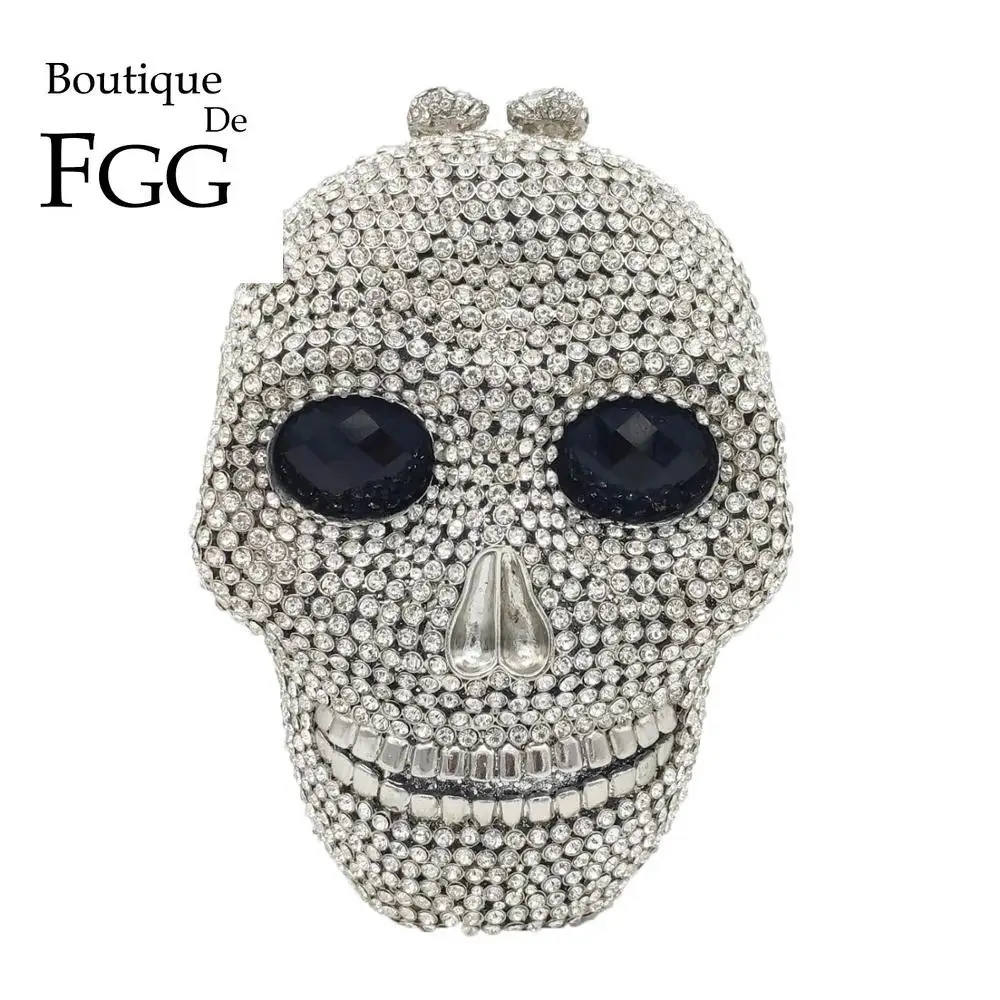 Boutique De FGG Halloween Skull Head Women Silver Crystal Evening Clutch Bags Party Cocktail Rhinestone Purses and Handbags