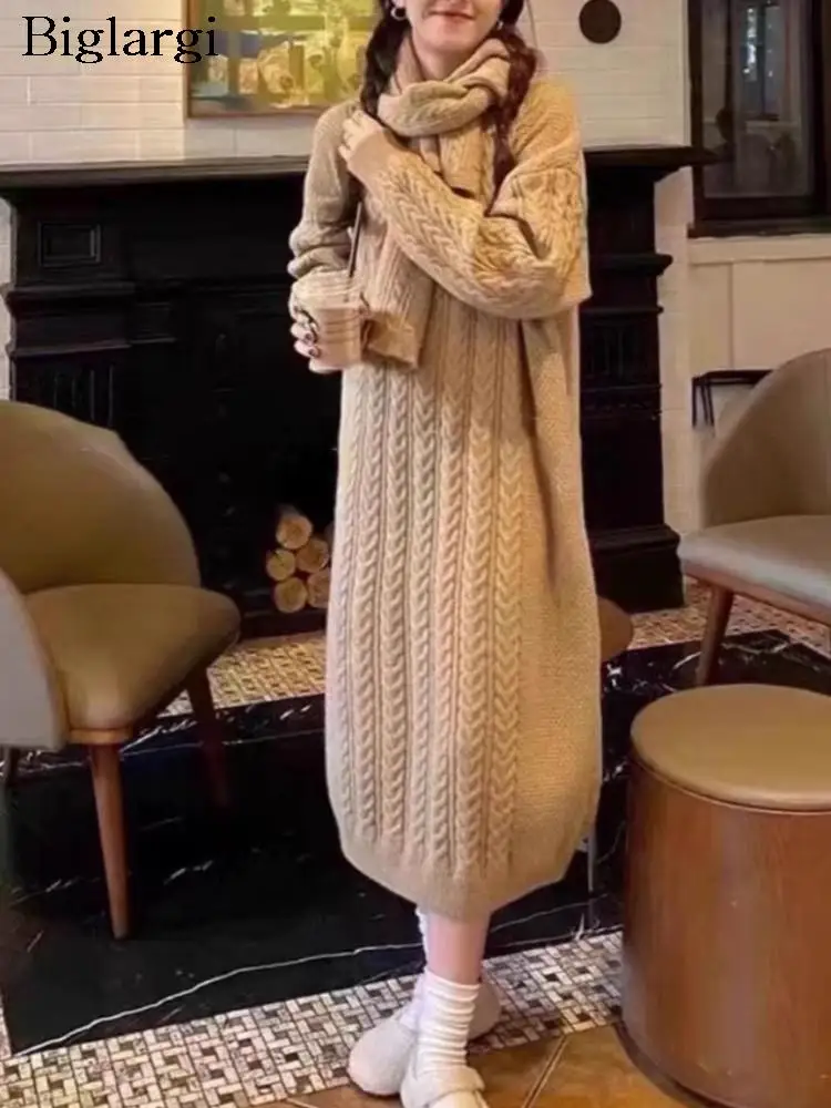 

Вязаное осенне-зимнее платье-свитер средней длины с шарфом, женские свободные платья в Корейском стиле с длинным рукавом, модное женское платье, 2023
