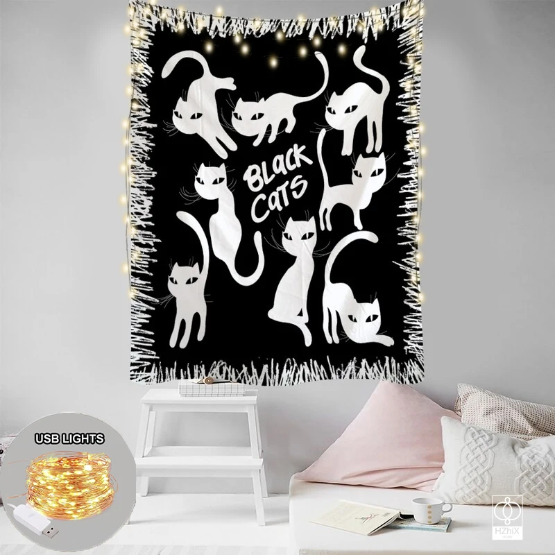 

Tarot Cat Moon Tapestry with Lights Boho Style Tapestries Wall for Bedroom Lving Room Kawaii Room Decor Aesthetic Decoration