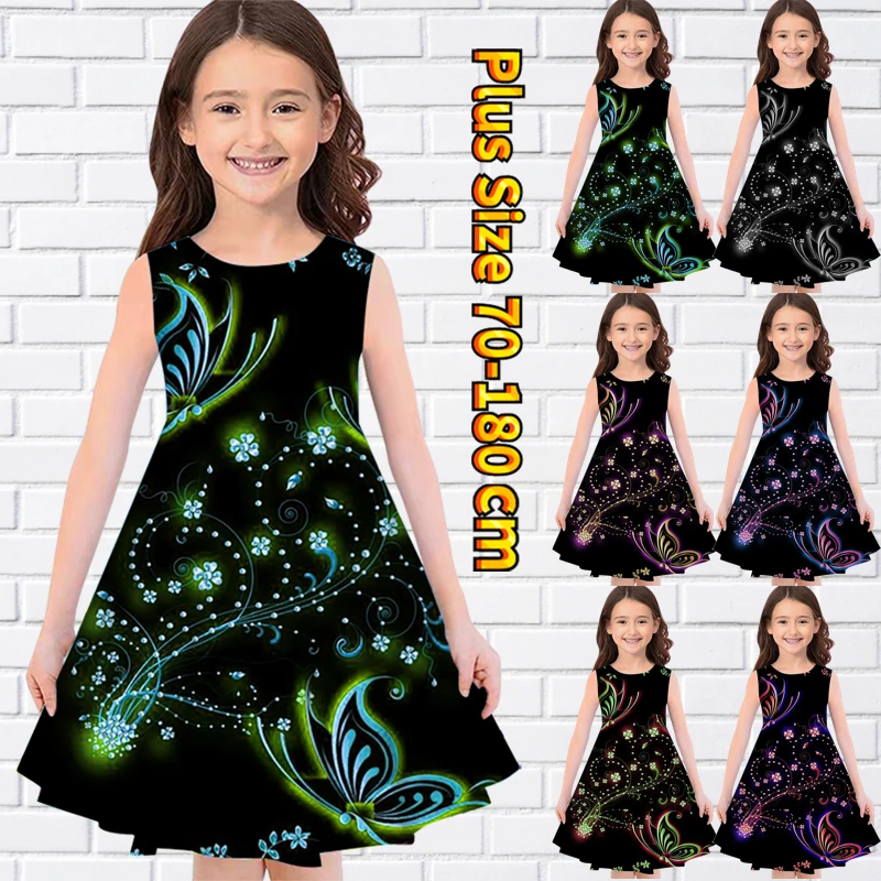 

Юбка до колен для маленьких девочек, повседневная Милая юбка с 3D-принтом бабочек и круглым вырезом, летнее платье без рукавов, вечернее плат...