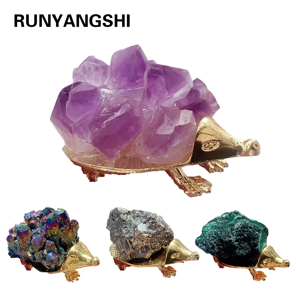 

1pc Natural Crystal Hedgehog Amethyst Cluster Animal Ornament Energy Chalcopyrite Family Decoration Health Gift