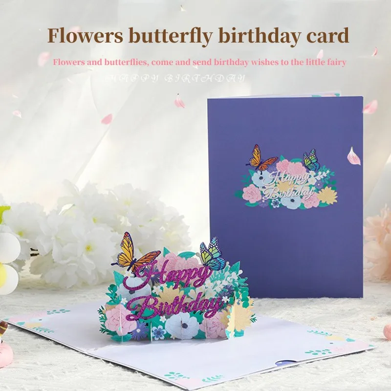 

Happy Birthday 3D Three-Dimensional Greeting Card Creative Thanksgiving Flowers Butterfly Blessing Engraving Thank You Card