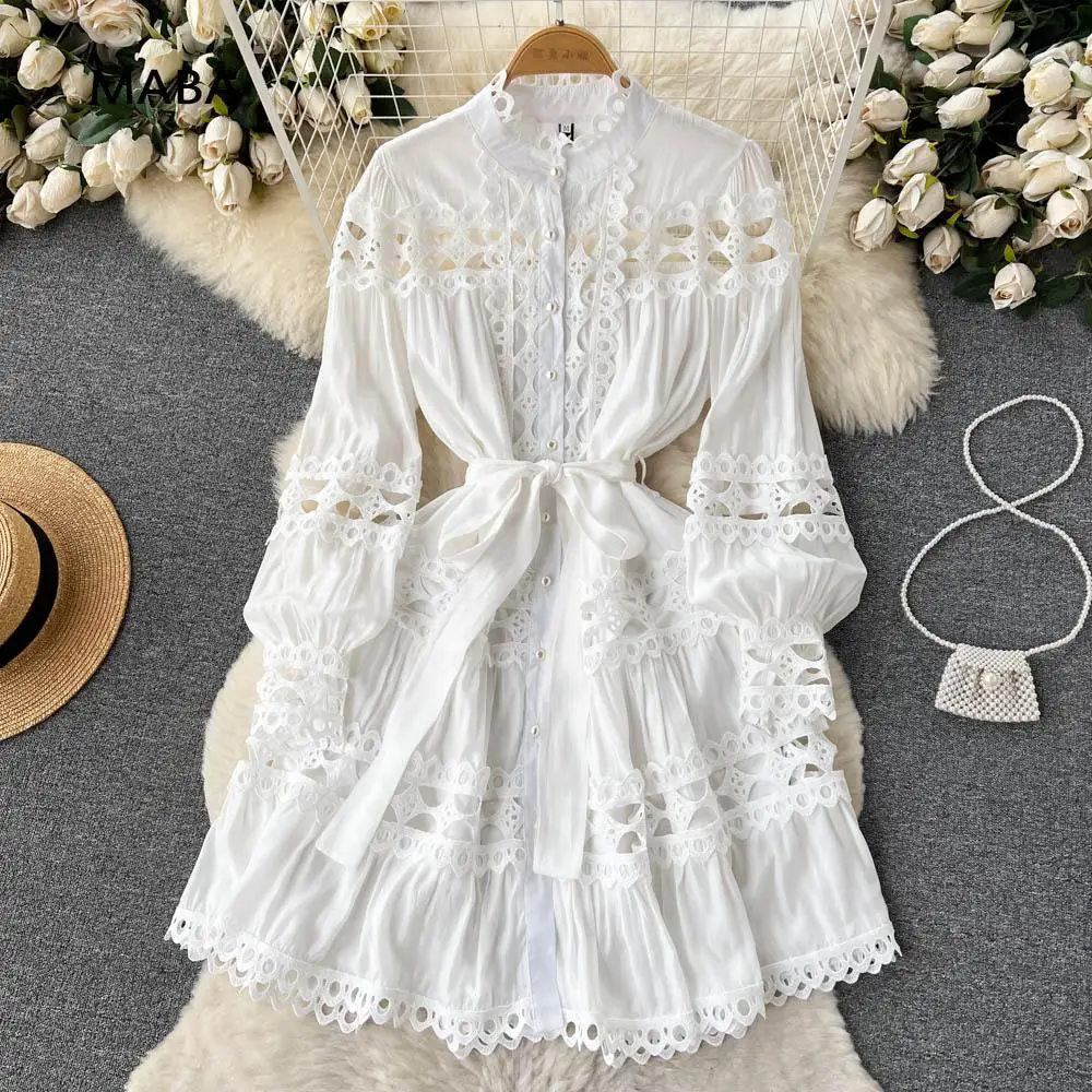 

Spring Women Vintage White Hollow Out Palace Short Bandage Dress Ladies Puff Sleeve High Waist Luxury Party Fairycore Dresses