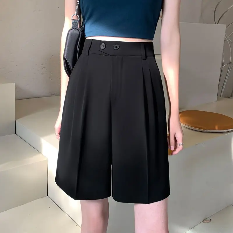 Suit Shorts Women Loose Wide Leg High Waist with Zipper Button Pockets Ladies Summer Shorts Casual Loose Short Trousers W60