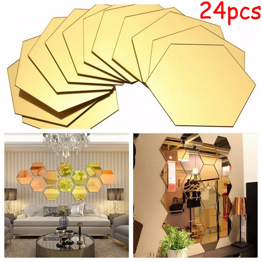 

Mosaic Mirror Stickers Tiles 80*70*40mm Acrylic Bathroom Decorate Golden Hexagon Home Office Mirror Self-adhesive