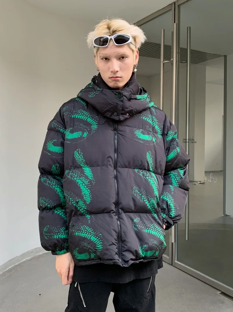 Hip Hop Hooded Parka Jacket Streetwear Men Snake Print Windbreaker Harajuku 2022 Winter Cotton Padded Jacket Coat Puffer Outwear
