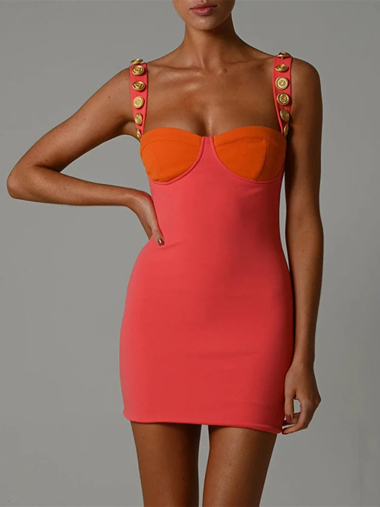 

Buttons Patchwork Women Strap Mini Dress Bodycon Sexy Streetwear Party Club Festival Spring Summer Clothes