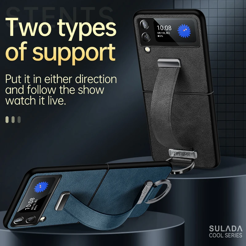 

Luxury Leather Fashion With Strap Phone Case For Samsung Galaxy Z Flip 3 5G Ultra Thin Hard Plastic Cover Wristband Ring Zflip3