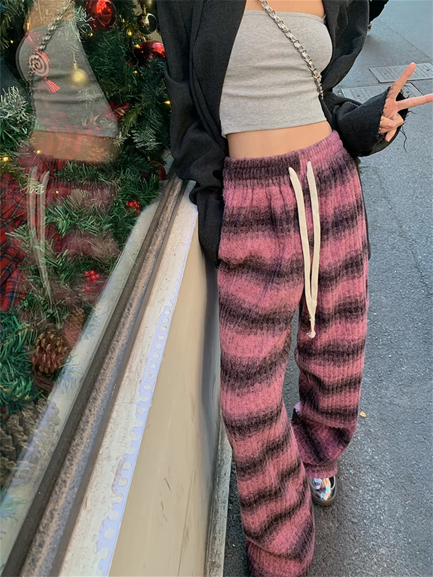 Женские уличные брюки PLAMTEE в полоску с широкими штанинами новинка 2024 плюшевые