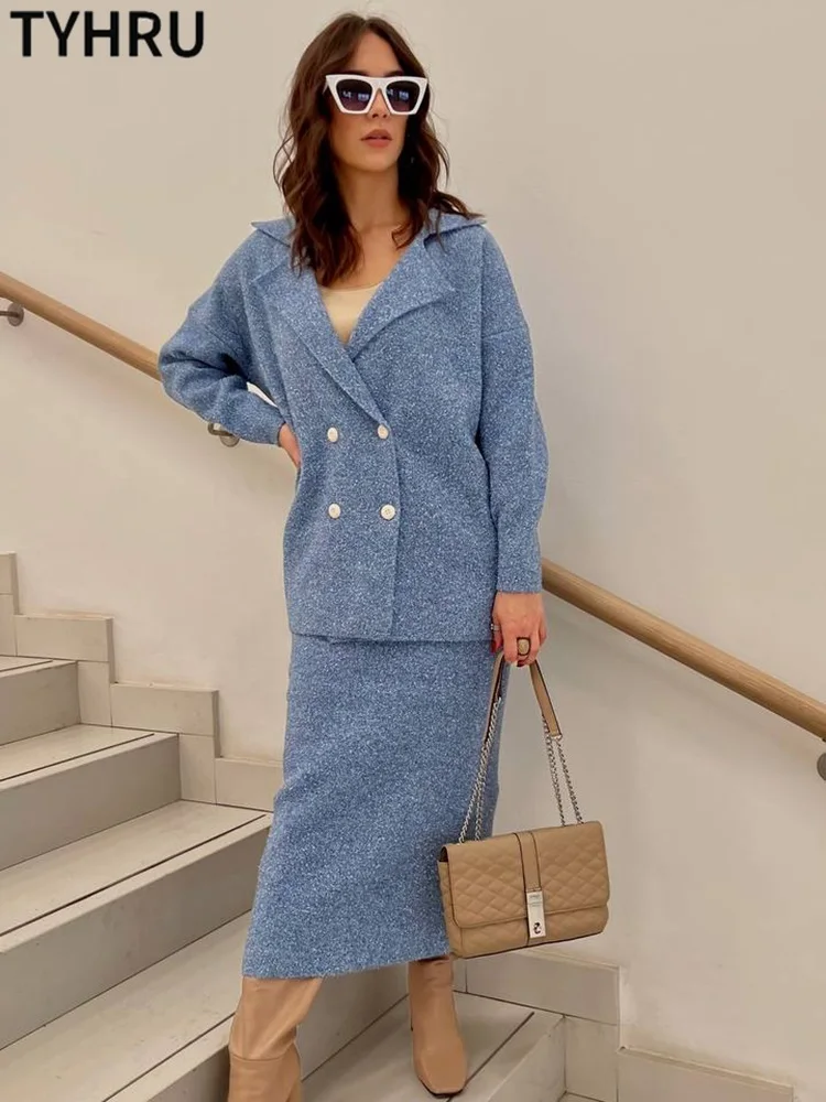 

Женский трикотажный костюм TYHUR с юбкой, двубортный кардиган, свитер, жакет, прямая юбка, комплект из 2 предметов