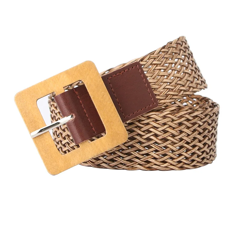 

Женский эластичный пояс в богемном стиле, пояс с деревянной квадратной пряжкой карамельных цветов, пояс в Корейском стиле, 2022