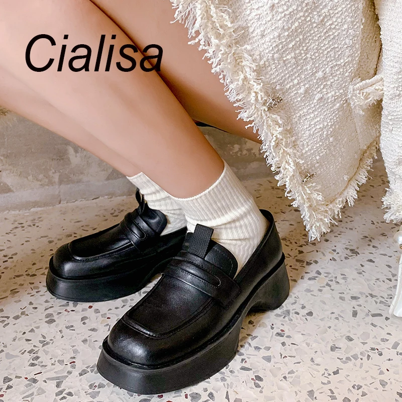 

Женские туфли из натуральной кожи Cialisa, коричневые туфли на платформе с круглым носком, повседневная обувь на толстом каблуке, осень 2022