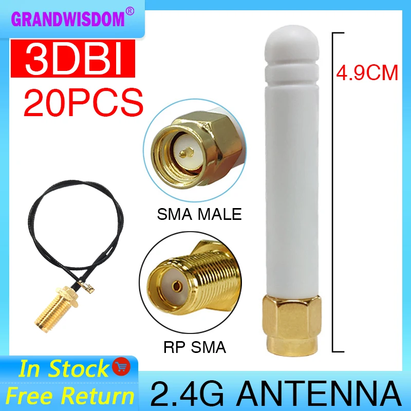 

GRANDWISDOM 20pcs 2.4G antenna 2-3dbi sma male wlan wifi 2.4ghz antene IPX ipex 1 SMA female pigtail Extension Cable iot antena