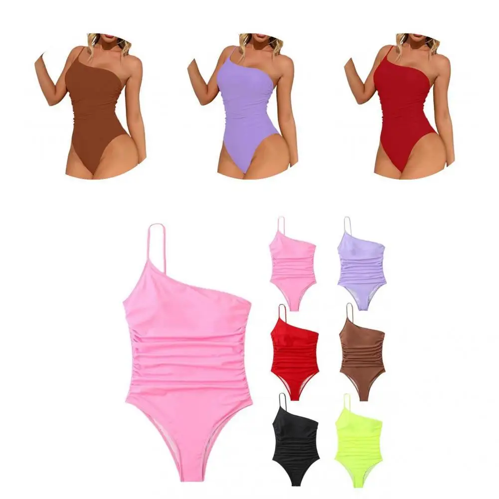 

Attractive Lady Monokini Wireless High Waist Bodysuit Swimwear Solid Color Pleated Bodysuit Beachwear