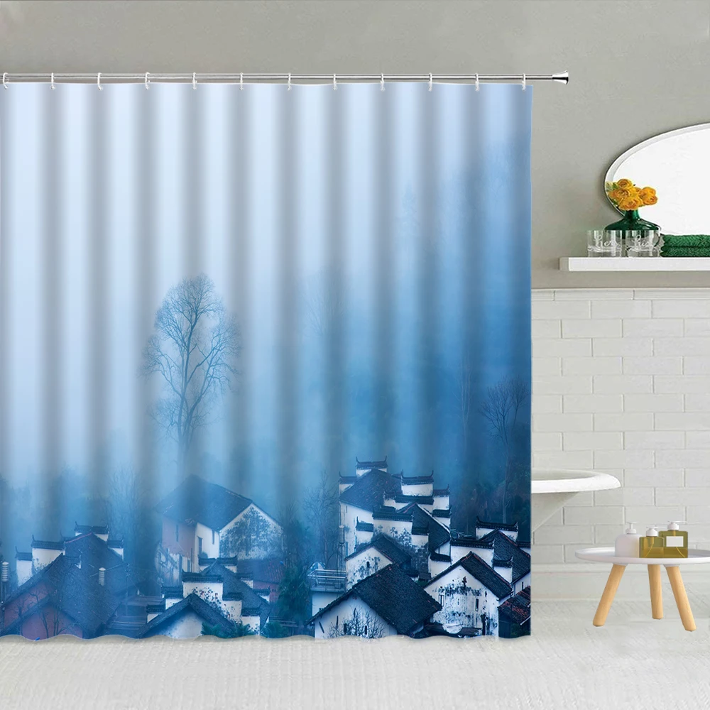 

Village Street Scenery Shower Curtain Old Building Cherry Blossom Mount Fuji Kanagawa Big Wave Bathroom Decor Curtains