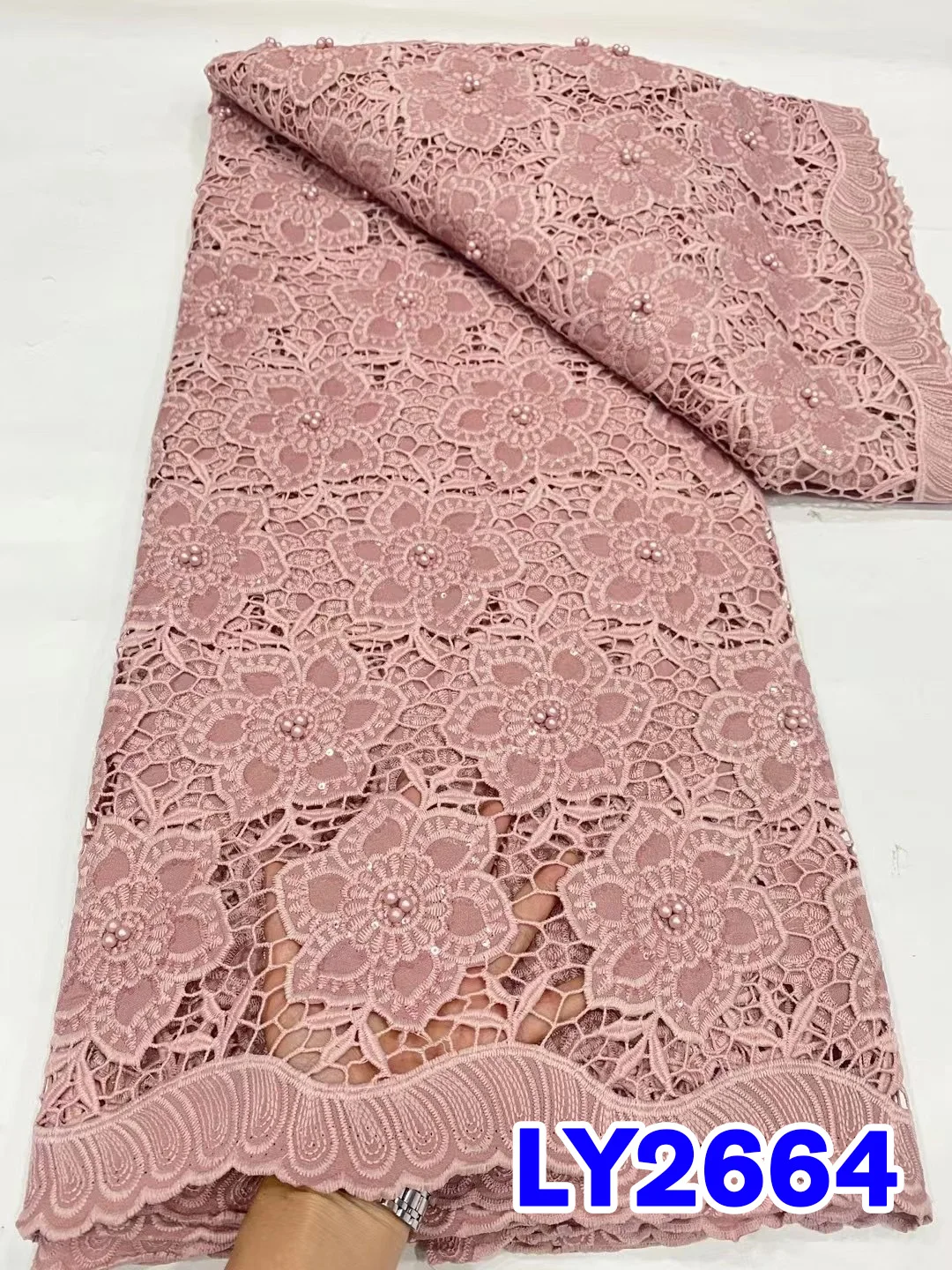 

2023 African Guipure Cord Lace Fabric Pink Pearl Floral Nigerian Sequins Lace Embroidery Fabric For Graduation Dresses PL2664-2
