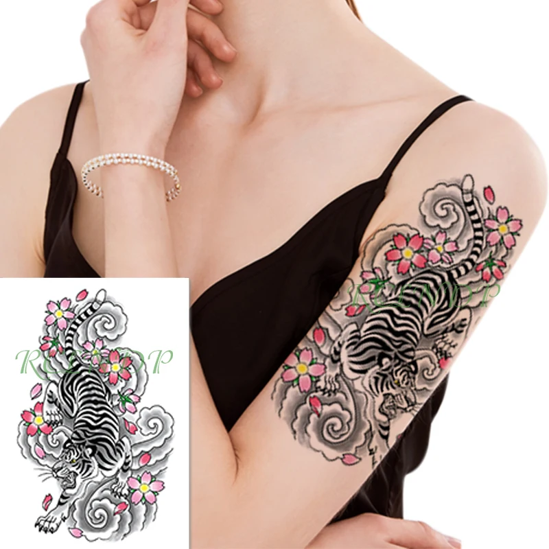 Наклейка для временных татуировок "Водонепроницаемая" с тигром, розовым цветком, облаками и другими узорами, фальшивые татуировки, большой размер, искусство на теле для девушек, женщин и мужчин.