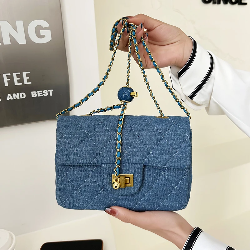 

Женская маленькая квадратная сумочка из джинсовой ткани с узором в стиле Lingge, модная сумка-мессенджер на плечо, дорожные кошельки для сотов...