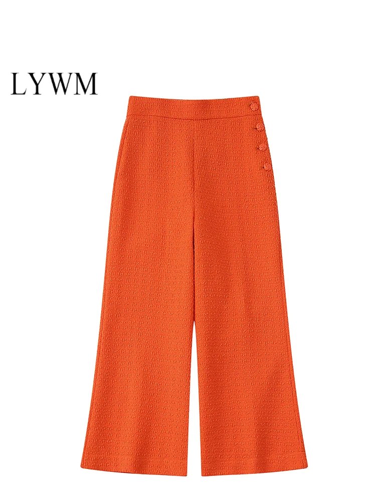 

LYWM Women Fashion Office Lady Tweed Straight Pants Pockets Vintage Side Buttons Female Trousers Mujer Chic Outfits