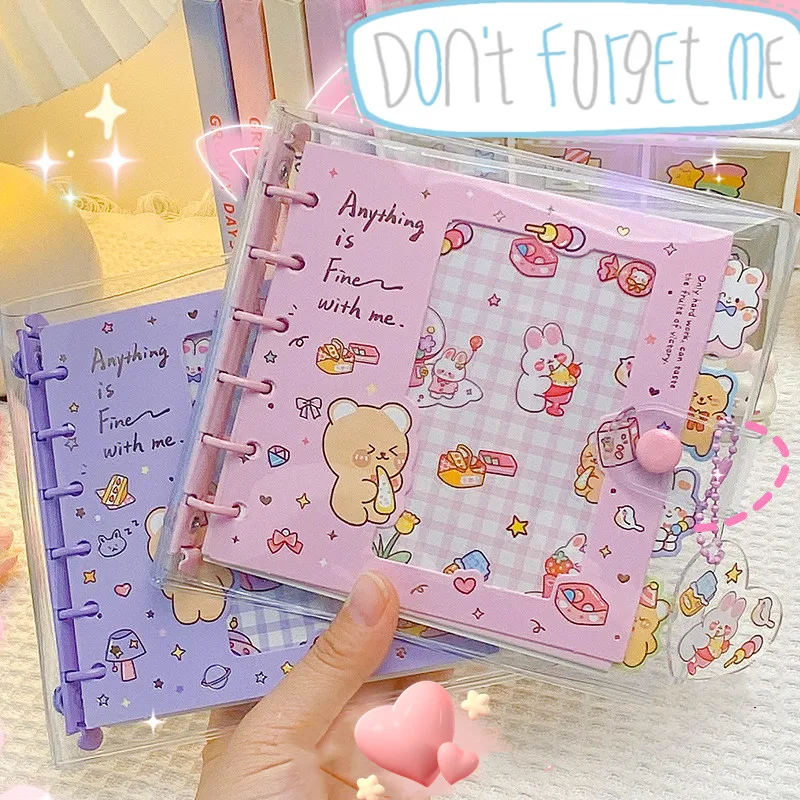 Cute Cartoon Notebook Kawaii Lovely Bunny Bear Transparent Cover Diary 6 Ring Loose Leaf Square Scrapbook Journal Student Supply