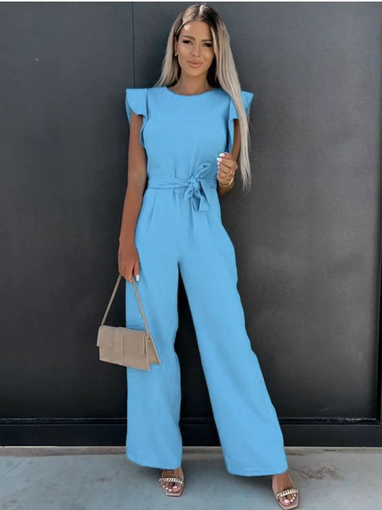 Summer Jumpsuit Woman Clubwear Fashion Casual Sleeveless Ruffles White Lace Up Jumpsuit Female Elegant Romper Overalls For Women