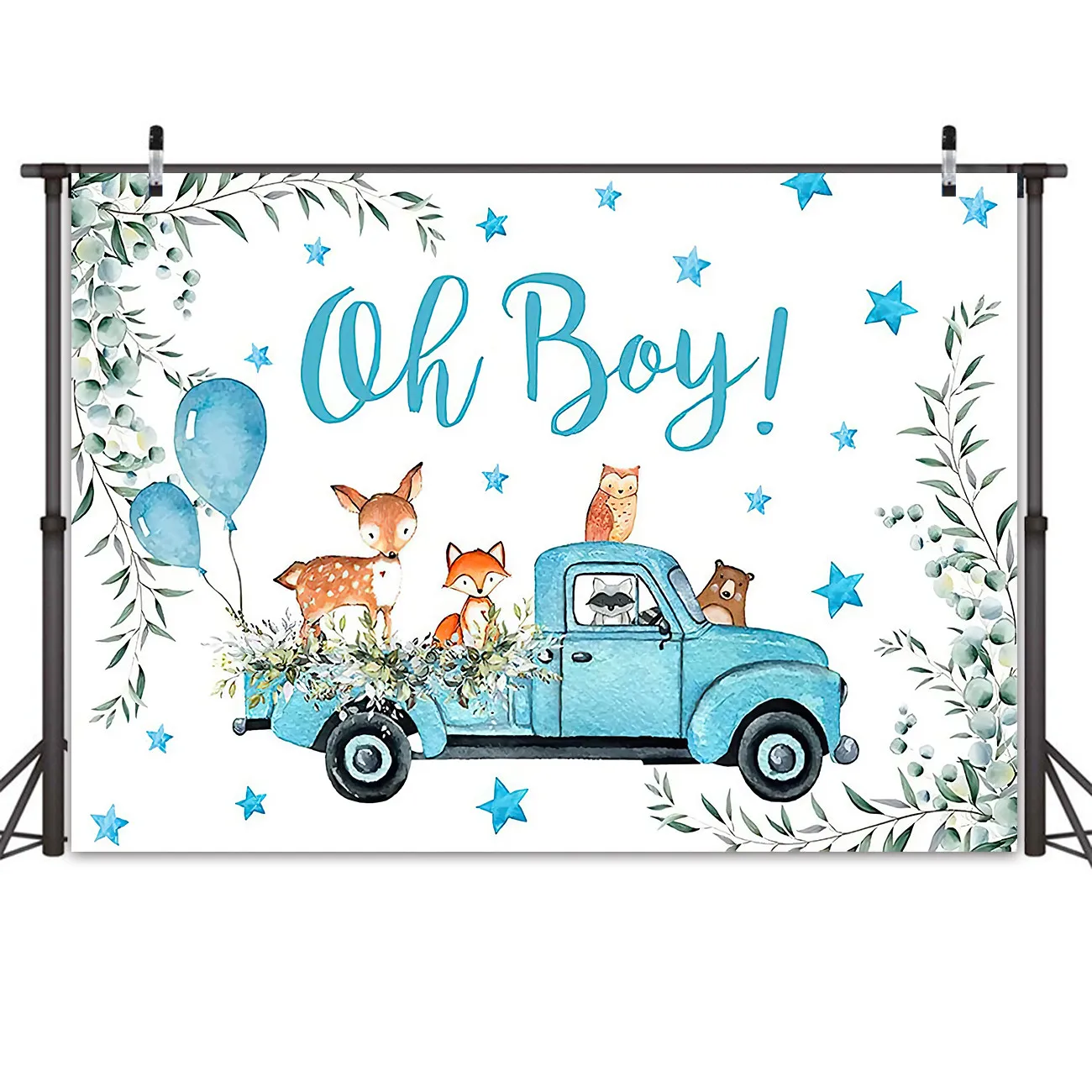 

Boy Baby Shower Gender Reveal Party Backdrop Oh Boy Blue Truck Balloons Green Leaves Cute Sika Deer Owl Fox Bear Background
