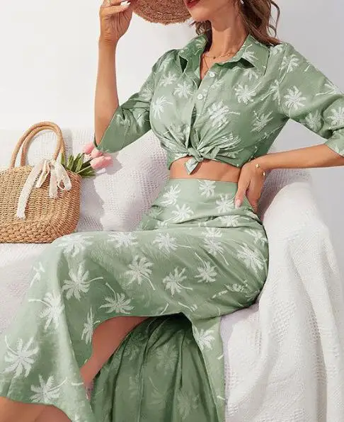 

Summer Outfits for Women 2023 Two Piece Set Summer New Art Retro Fashion Casual Print Top&split Half Skirt Set Elegant Commuting