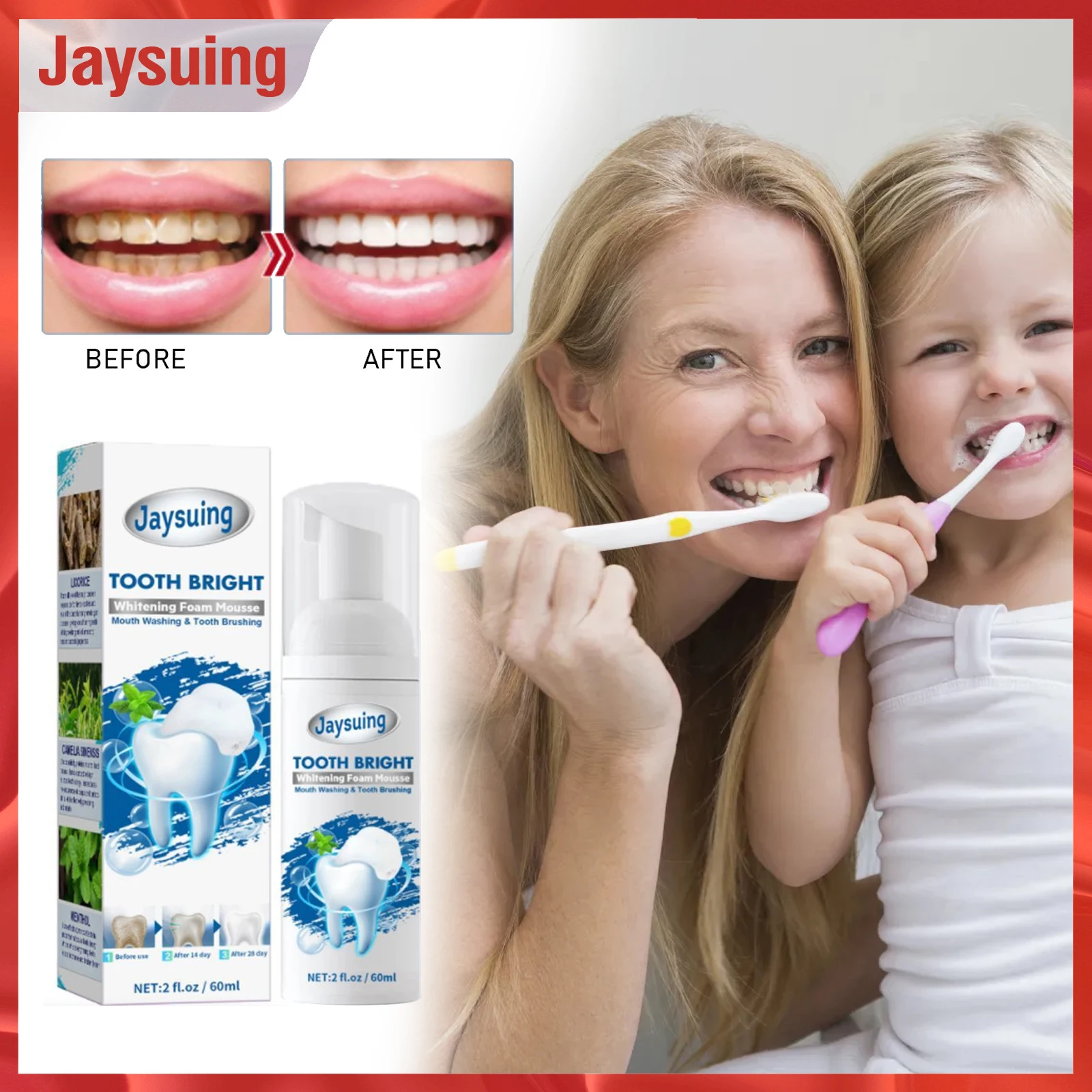 

Jaysuing Mousse Toothpaste Whitening Removal Plaque Yellow Stains Baking Soda Foam Toothpaste Fresh Breath Oral Cavity Care 60ml
