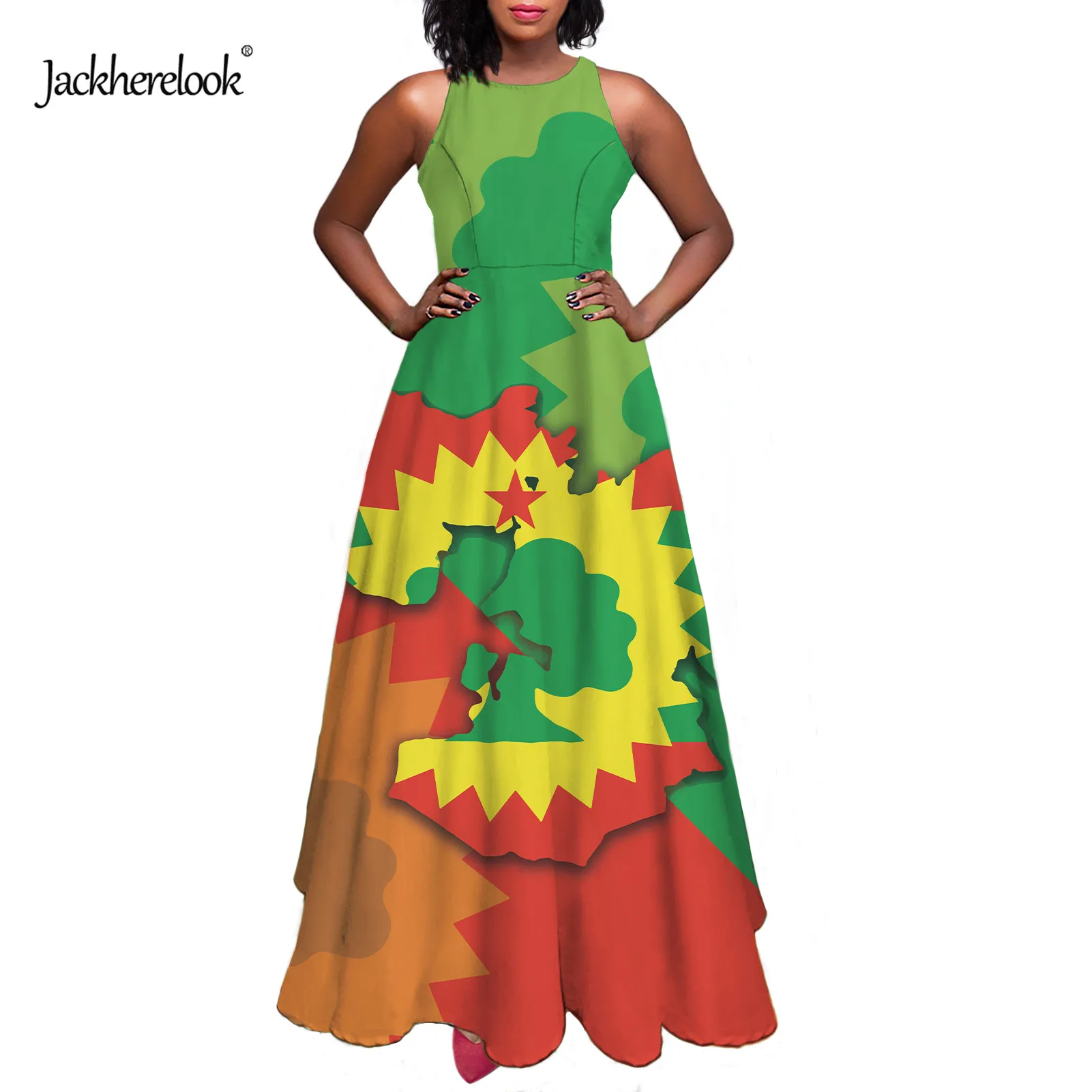 

Jackherelook Ethiopian Combined Flag Design Female Elegant Long Dresses Casual Long Dresses Summer for Woman Ladies Long Dresses