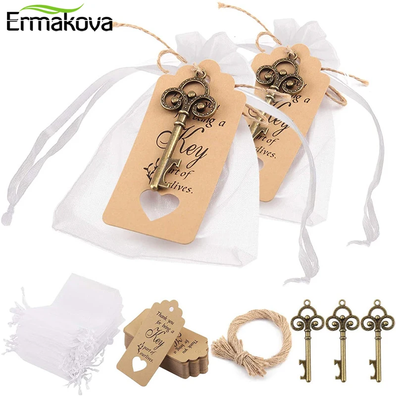 ERMAKOVA-abridor de botellas con llave de esqueleto, bolsa de hilo de cordel con tarjeta de etiqueta, adecuado para regalo de boda, Baby Shower, regalos de fiesta, 50 unids/set por juego
