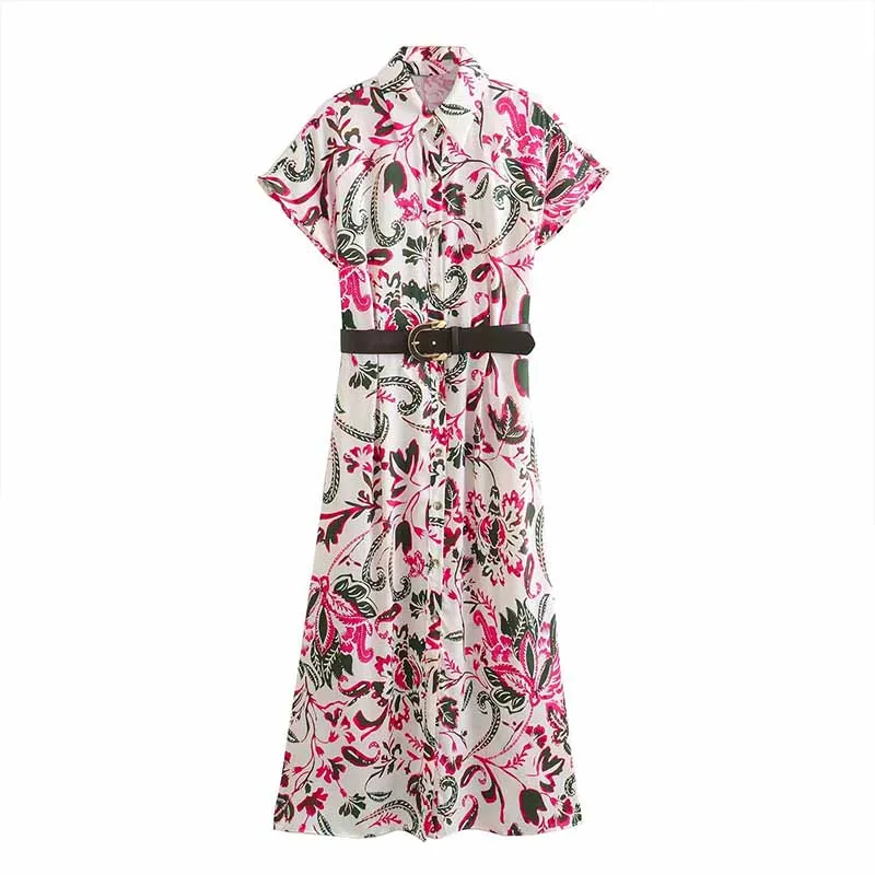 

Women 2023 Summer Fashion With Belt Elegant Printed Dress Vintage Short Sleeve Button Up Female Dresses Vestidos Mujer