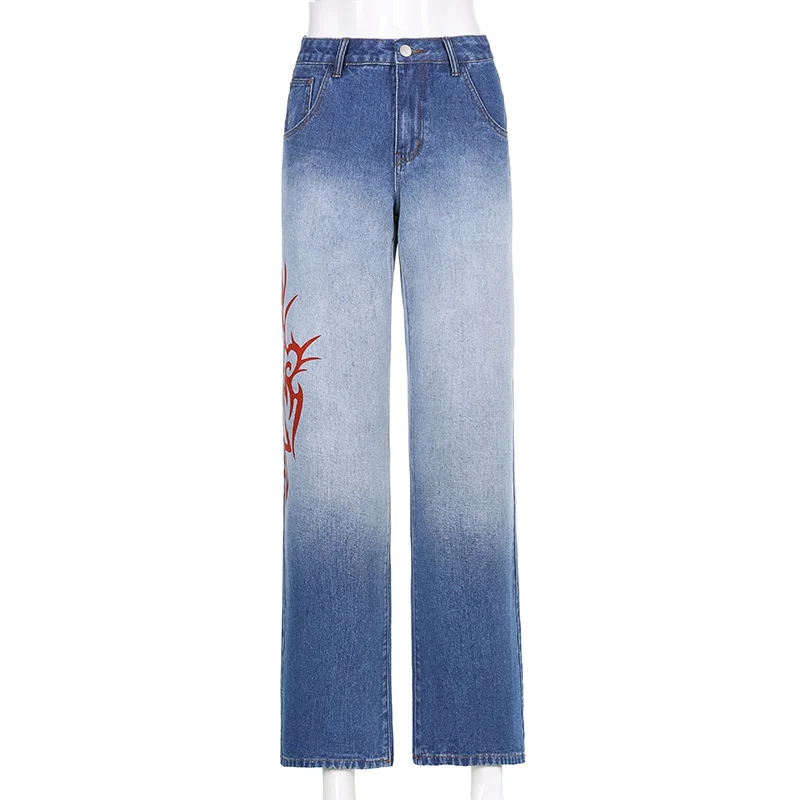 Fashion 2021 Casual Women's Vintage Denim Pants Gradient Flame Printed Straight Y2K Jeans for Girls High Waist Trouser Female