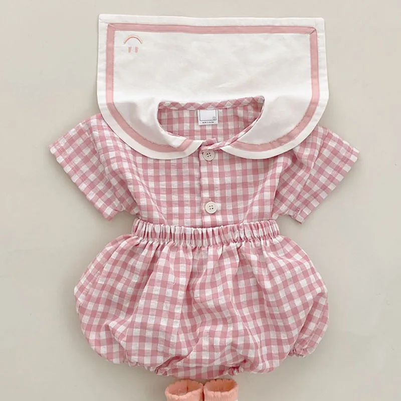 

2023 Twin Baby Girl Clothes 2pcs Summer Set Clothing for Girls Femal Infant Cotton Plaid Bloomers Outfit Peter Pan Collar Top