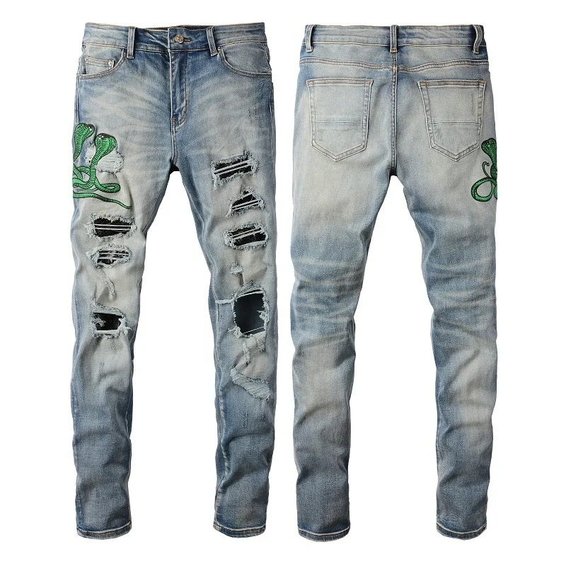 

Men Light Embroidered Blue Cobra Hole Patch Skinny Scratch Ripped Jeans Stretch Slim Fit High Street Denim Pants Vaqueros Hombre