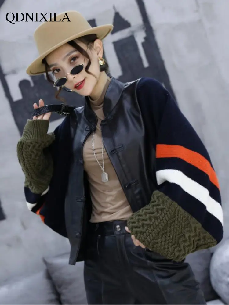 Leather Jacket Women Cardigan Knit Wool Sleeves Ethnic Style New Outerwear Fashion Button Design Women Imitation Sheepskin Coat
