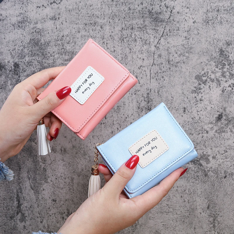 

2022 New Arrival Women's Short Wallet Ladies Mini Korean Style Card Holder Tassel Three Folding Fashion Coin Money Bag Female