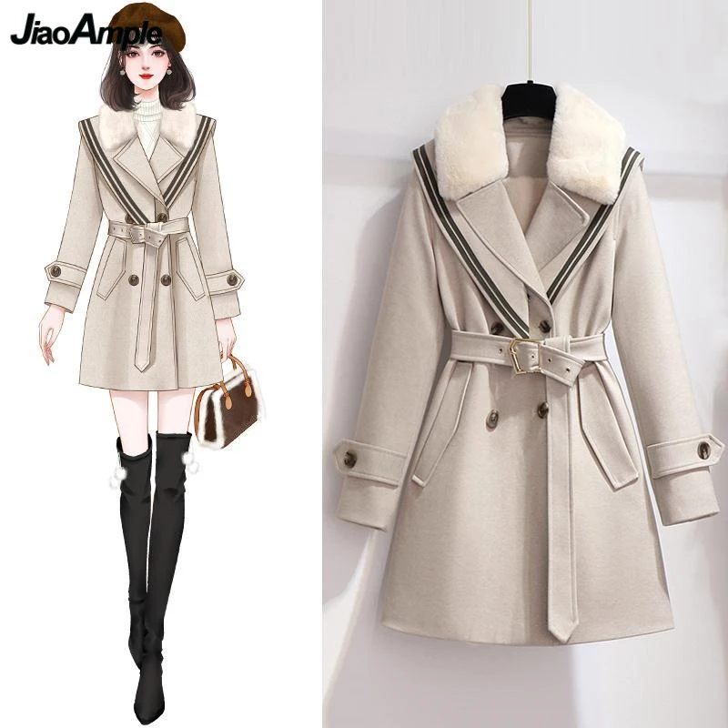 Women's Autumn Winter Thick Wool Blends Korean Lady Slim Fur Collar Jacket with Waist Belt 2023new Fasion Coats Female Outerwear