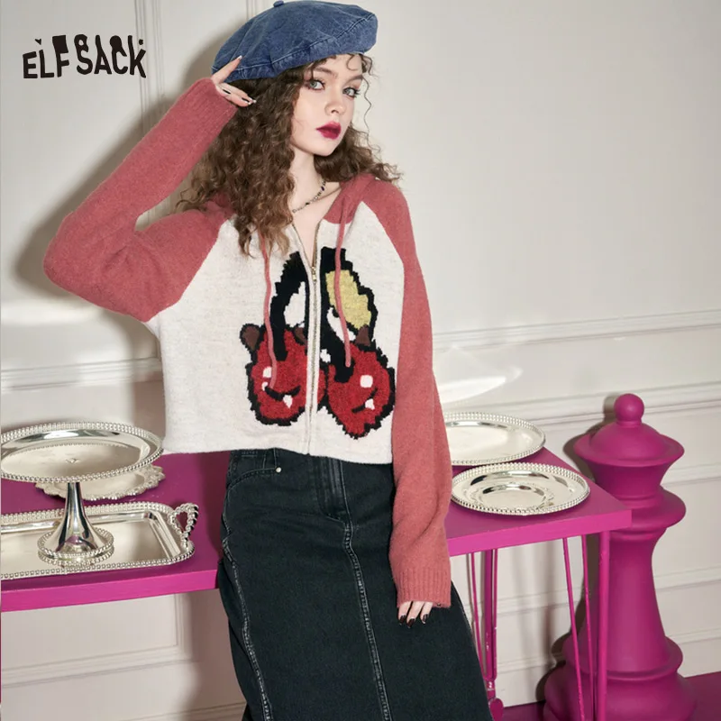 ELFSACK Cherry Red Sweet Knitwears Women 2023 Spring Long Sleeve Basic Tops