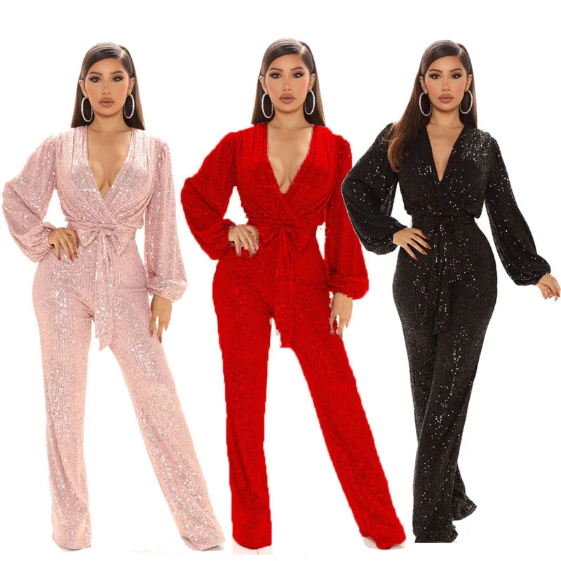 

New Fashion Women's Sexy V-Neck Sequin One-Piece Wide Leg One-Piece Trousers European And American Summer Women Clothing