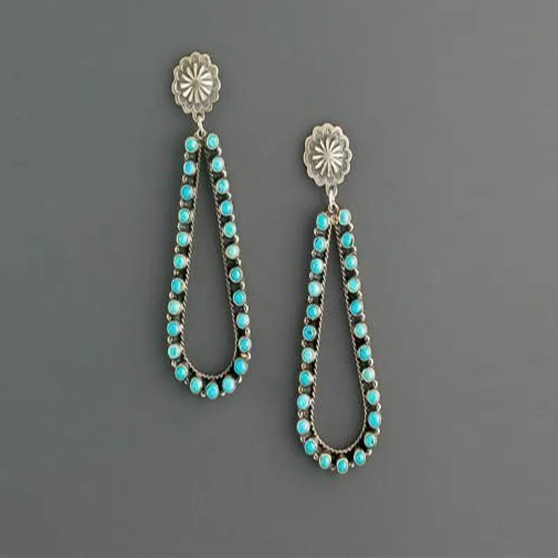 

Ethnic Round Blue Geen Stone Dangle Earrings for Women Vintage Silver Color Metal Carving Long Water Drop Earrings Jewelry