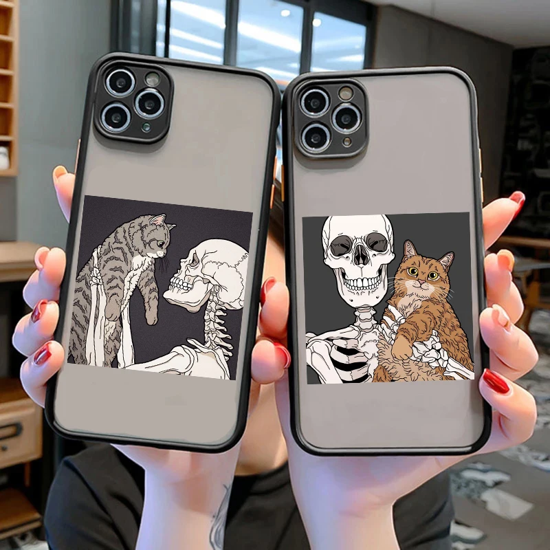 Funny Skeleton Cute cat Case For iPhone 13 12 11 Pro Max 6 7 8 Plus 13Mini XS Max X XR Cellphone Bumper Clear Matte PC Back case