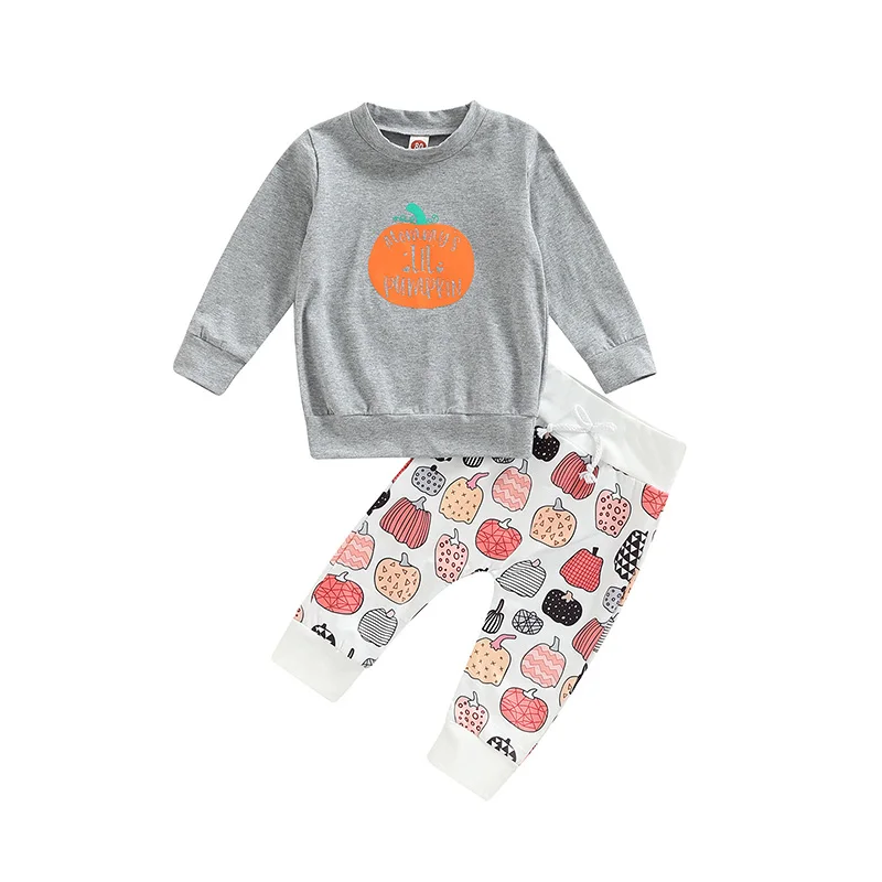 

Наряды на Хэллоуин для новорожденных мальчиков и девочек, свитшот с длинным рукавом и круглым вырезом и принтом тыквы, топы, брюки, повседневная одежда