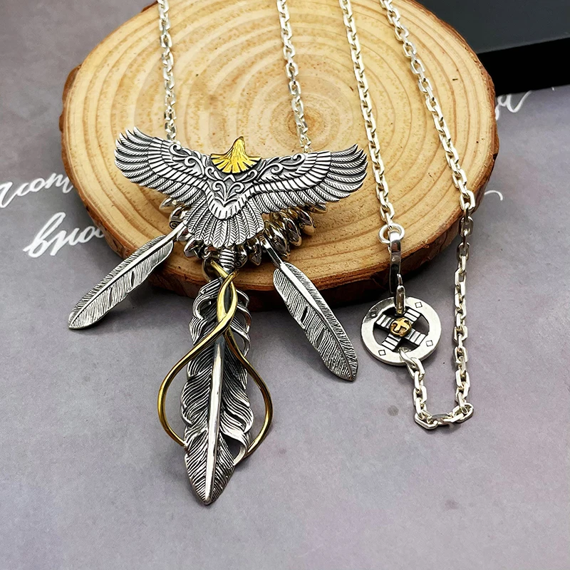 

HX Indian Style Classic Wild Taijiao Chain Flying Eagle Domineering Kaohsiung Feather Retro Trendy Male Car Pendant for Men Man