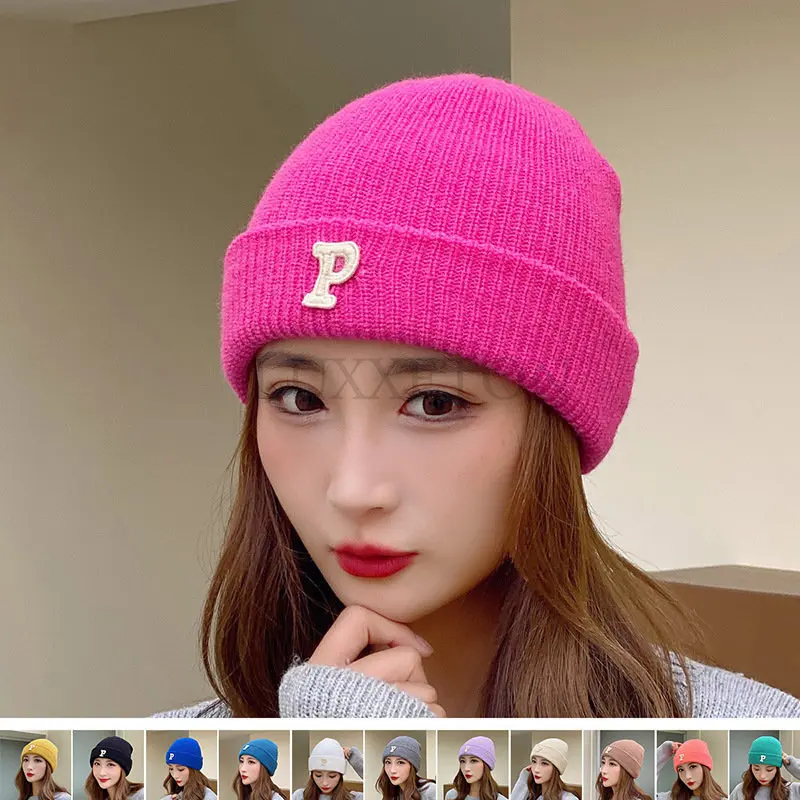 

Unisex Windproof Warm Candy Color Knitted Hats Initial R Letter P Label Hat Winter Autumn Street Hip Hop Beanie Women Men
