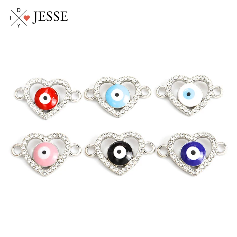 

10pcs Inlaid Rhinestone Heart Blue Turkish Evil Eye Charms Connectors Enamel Eyes Crystal Pendants Jewelry Handmade Accessories
