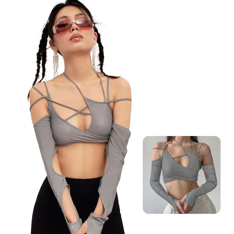 Fashion Woman Sexy Ripped Crop Tops Strap Corset Bustier Fairy Grunge Cloth Hollow Outfits Halter Shirts Club Pornstar Dancewear