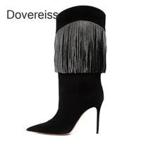 dovereiss 2022 fashion fringed clear heels ladies boots stilettos heels knee high boots winter new pointed toe big size 41 42 43