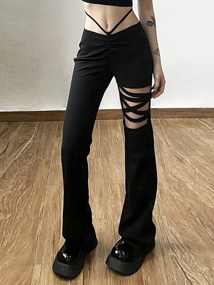 

Vintage Y2k Punk Lace Up High Rasie Pants Gothic Hollow Out Slim Black Women Trousers Grunge Casual Summer Straight Streetwear